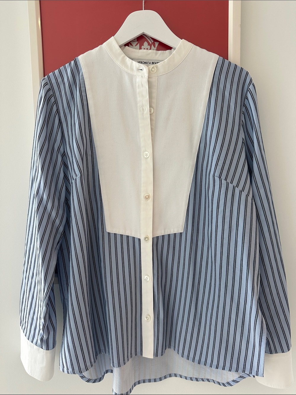 Veronica Beard Blue and White Striped Band-Collar Dress Shirt - 10